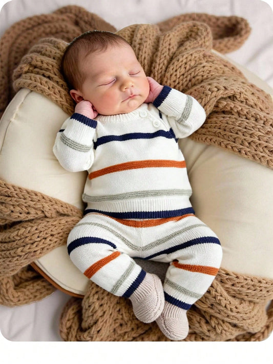Newborn Baby Boy Girl Cute Striped Raglan Sweater&Knitted Winter Pants 2-Piece Set,All White Colorful Autumn Outfit For Casual,Party,Photo Shoot