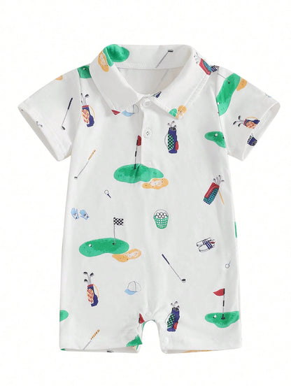 Newborn Baby Boy Girl Golf Romper Half Button-Up Lapel Neck Short Sleeve One-Piece Bodysuit Jumpsuit Summer Clothes
