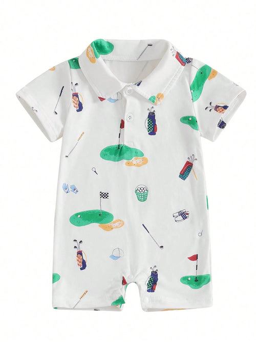 Newborn Baby Boy Girl Golf Romper Half Button-Up Lapel Neck Short Sleeve One-Piece Bodysuit Jumpsuit Summer Clothes