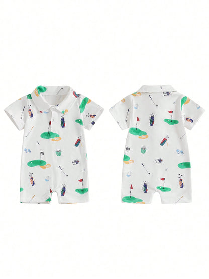 Newborn Baby Boy Girl Golf Romper Half Button-Up Lapel Neck Short Sleeve One-Piece Bodysuit Jumpsuit Summer Clothes