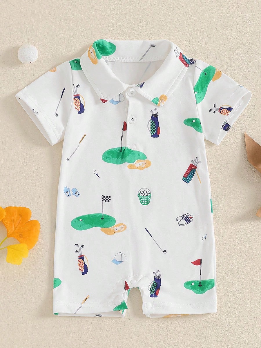 Newborn Baby Boy Girl Golf Romper Half Button-Up Lapel Neck Short Sleeve One-Piece Bodysuit Jumpsuit Summer Clothes