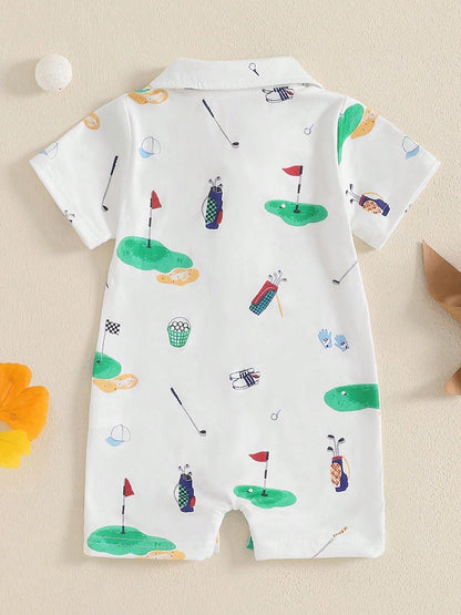 Newborn Baby Boy Girl Golf Romper Half Button-Up Lapel Neck Short Sleeve One-Piece Bodysuit Jumpsuit Summer Clothes