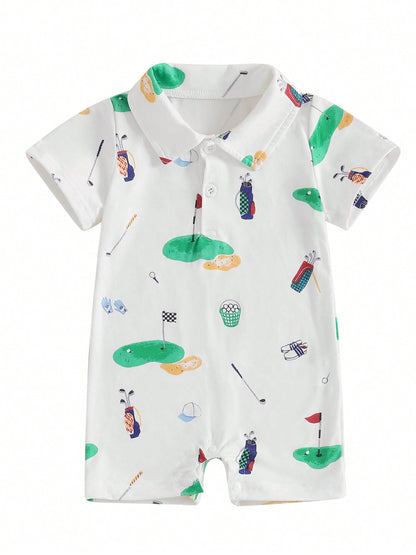 Newborn Baby Boy Girl Golf Romper Half Button-Up Lapel Neck Short Sleeve One-Piece Bodysuit Jumpsuit Summer Clothes