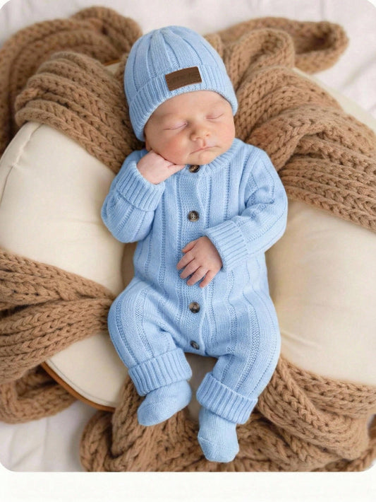 Newborn Baby Girl Cute Autumn/Winter Versatile Knitted Romper With Footies And Hat Set