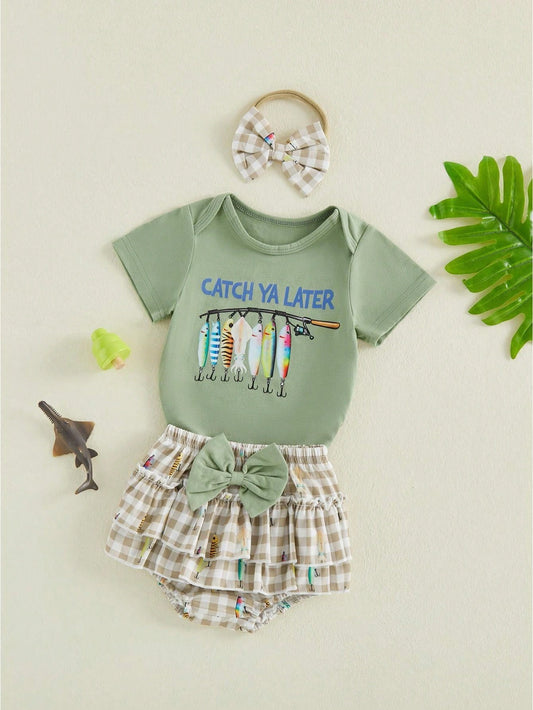 Newborn Baby Girl Fishing Outfit Fish Short Sleeve Romper Ruffle Plaid Shorts Set 3Pcs Infant Summer Clothes