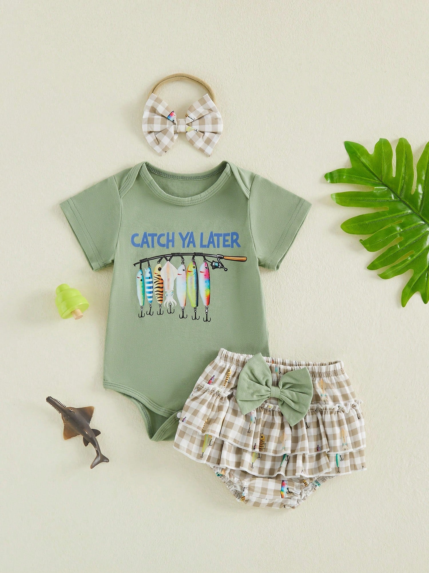 Newborn Baby Girl Fishing Outfit Fish Short Sleeve Romper Ruffle Plaid Shorts Set 3Pcs Infant Summer Clothes