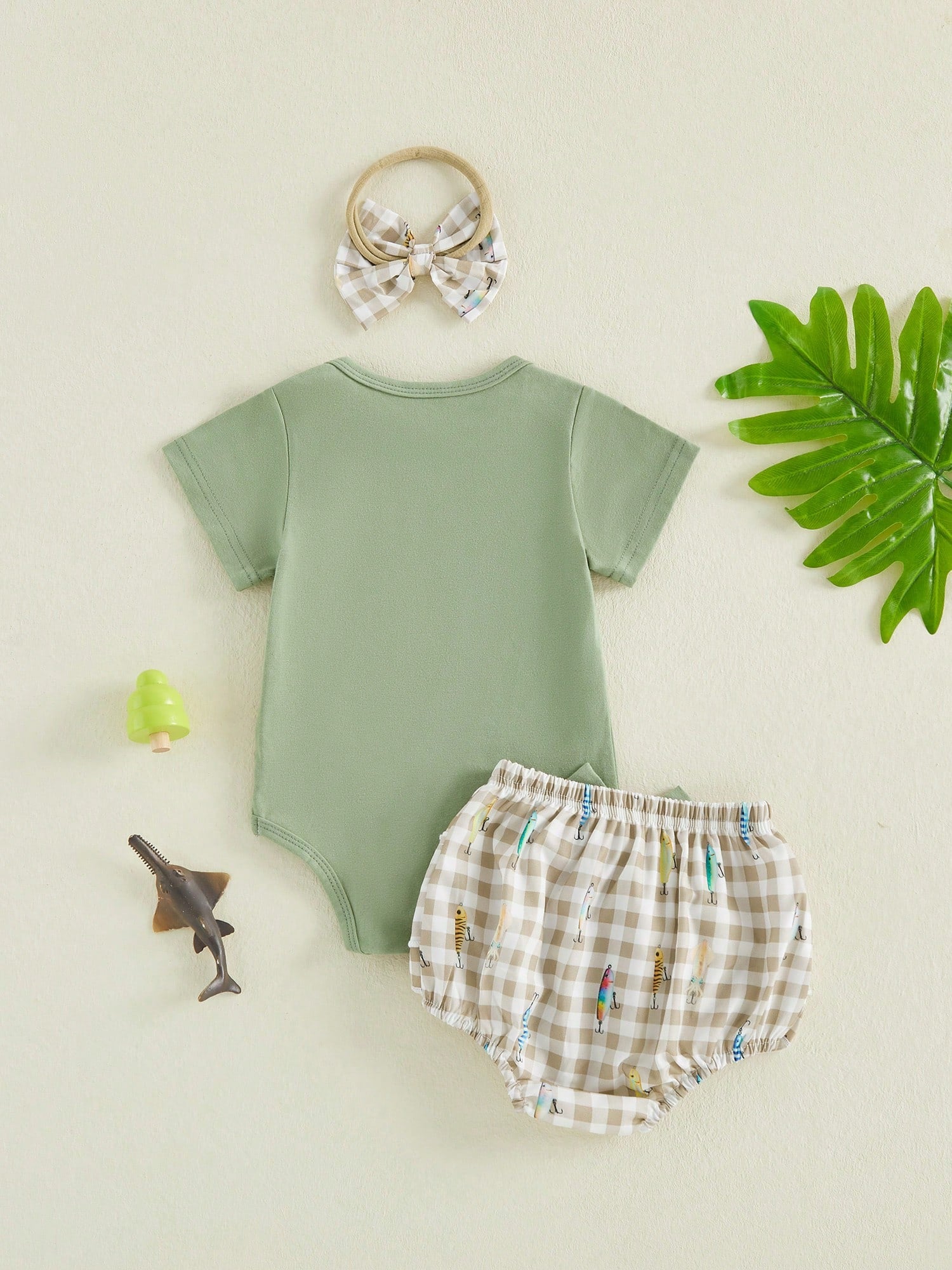 Newborn Baby Girl Fishing Outfit Fish Short Sleeve Romper Ruffle Plaid Shorts Set 3Pcs Infant Summer Clothes