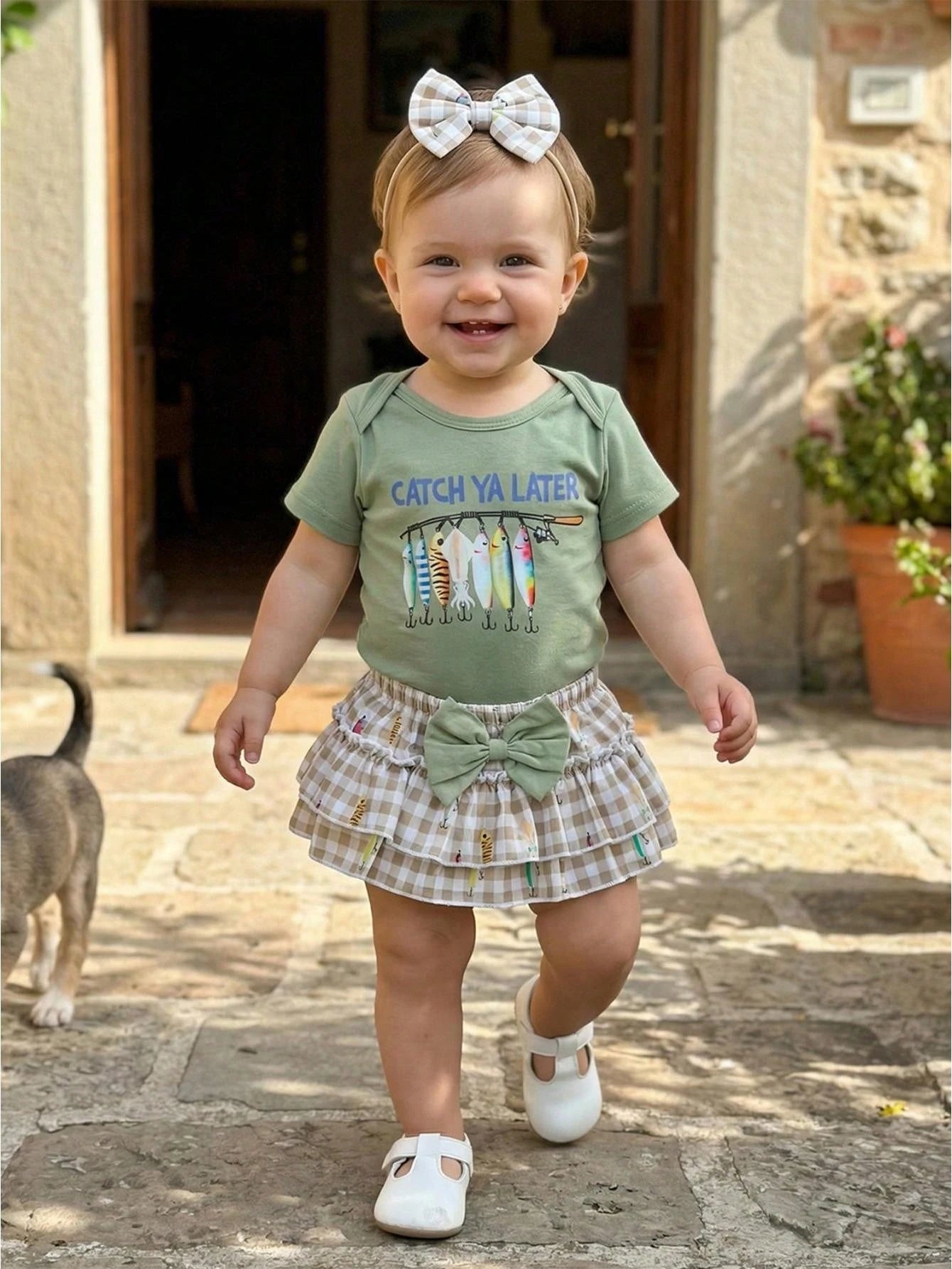 Newborn Baby Girl Fishing Outfit Fish Short Sleeve Romper Ruffle Plaid Shorts Set 3Pcs Infant Summer Clothes