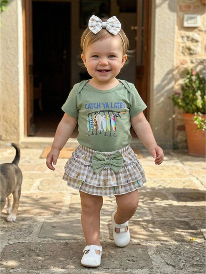 Newborn Baby Girl Fishing Outfit Fish Short Sleeve Romper Ruffle Plaid Shorts Set 3Pcs Infant Summer Clothes