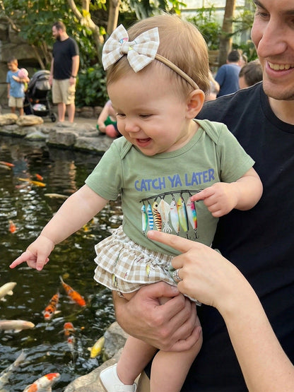 Newborn Baby Girl Fishing Outfit Fish Short Sleeve Romper Ruffle Plaid Shorts Set 3Pcs Infant Summer Clothes