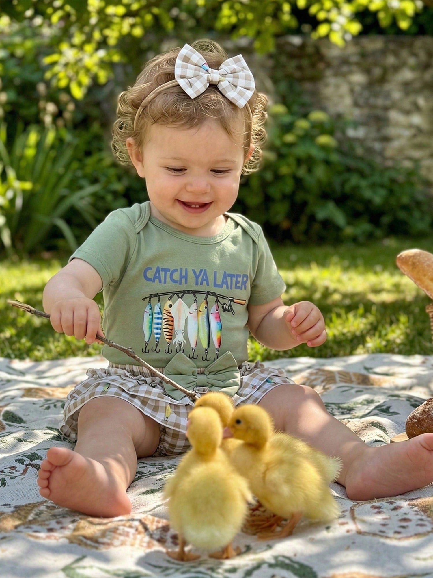 Newborn Baby Girl Fishing Outfit Fish Short Sleeve Romper Ruffle Plaid Shorts Set 3Pcs Infant Summer Clothes