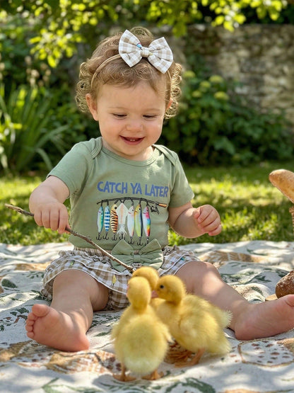 Newborn Baby Girl Fishing Outfit Fish Short Sleeve Romper Ruffle Plaid Shorts Set 3Pcs Infant Summer Clothes