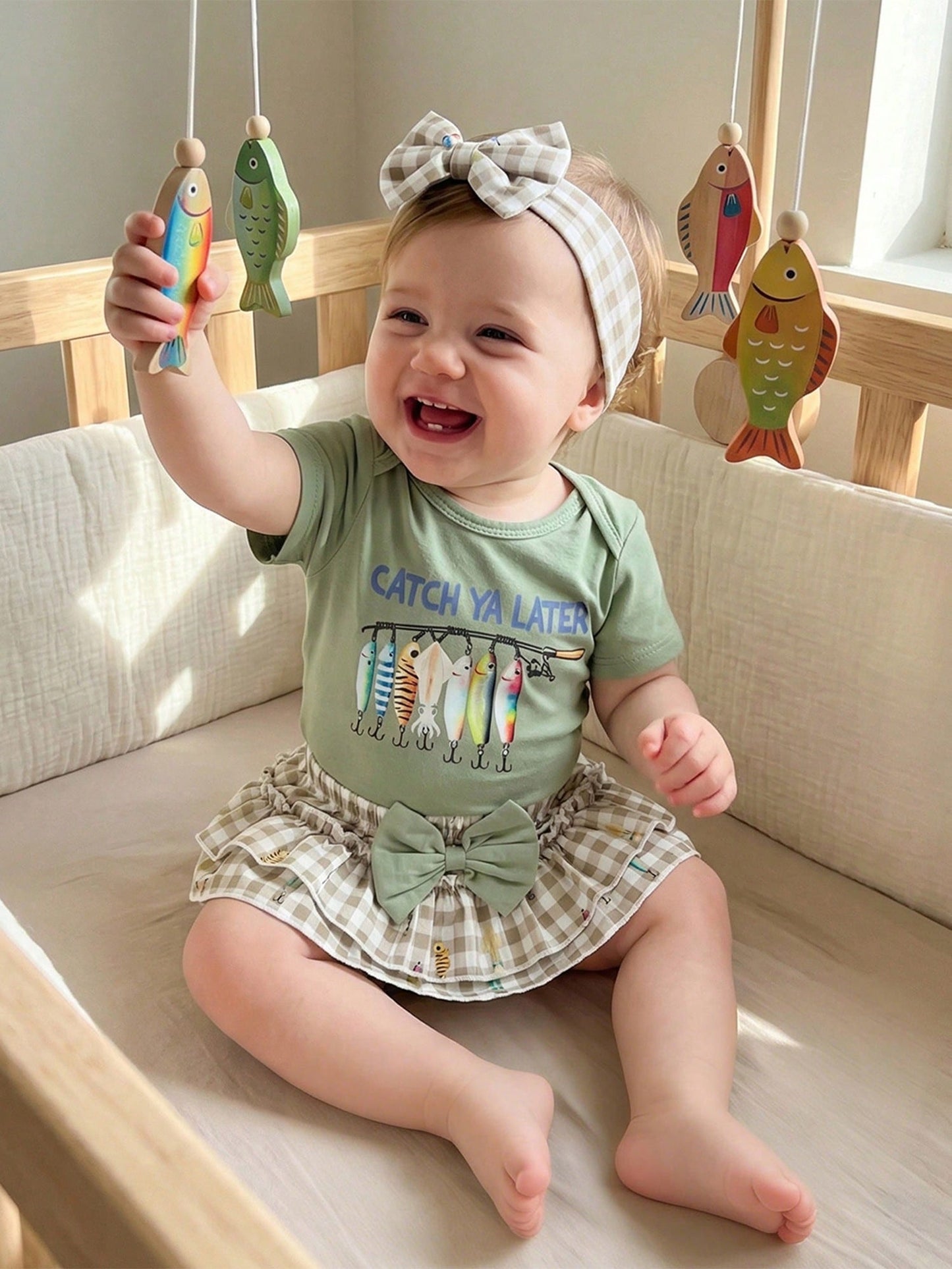 Newborn Baby Girl Fishing Outfit Fish Short Sleeve Romper Ruffle Plaid Shorts Set 3Pcs Infant Summer Clothes
