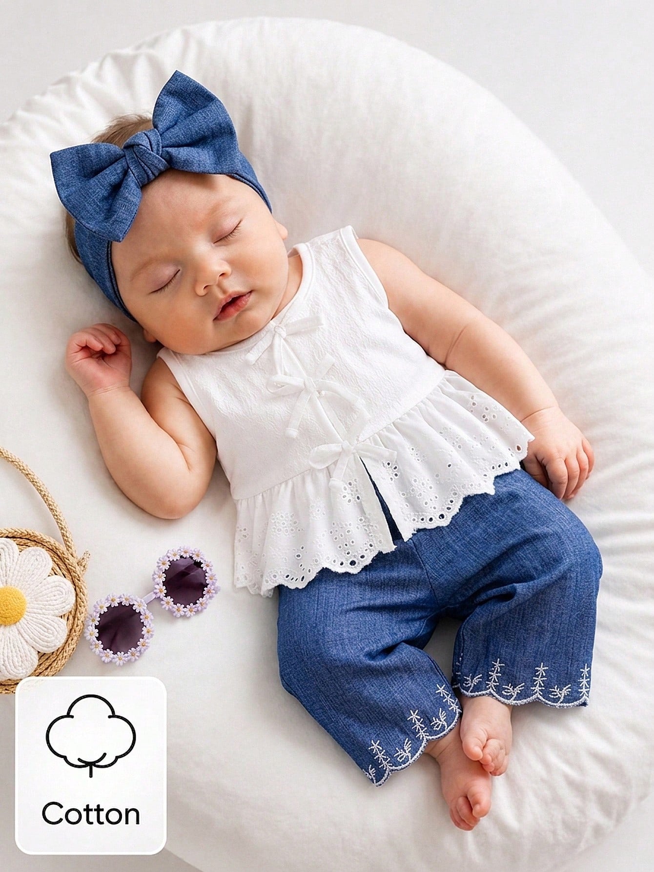 Newborn Baby Girl Outfit Blue And White Stripe Summer Cute Baby Shower Sleeveless Top With Lace