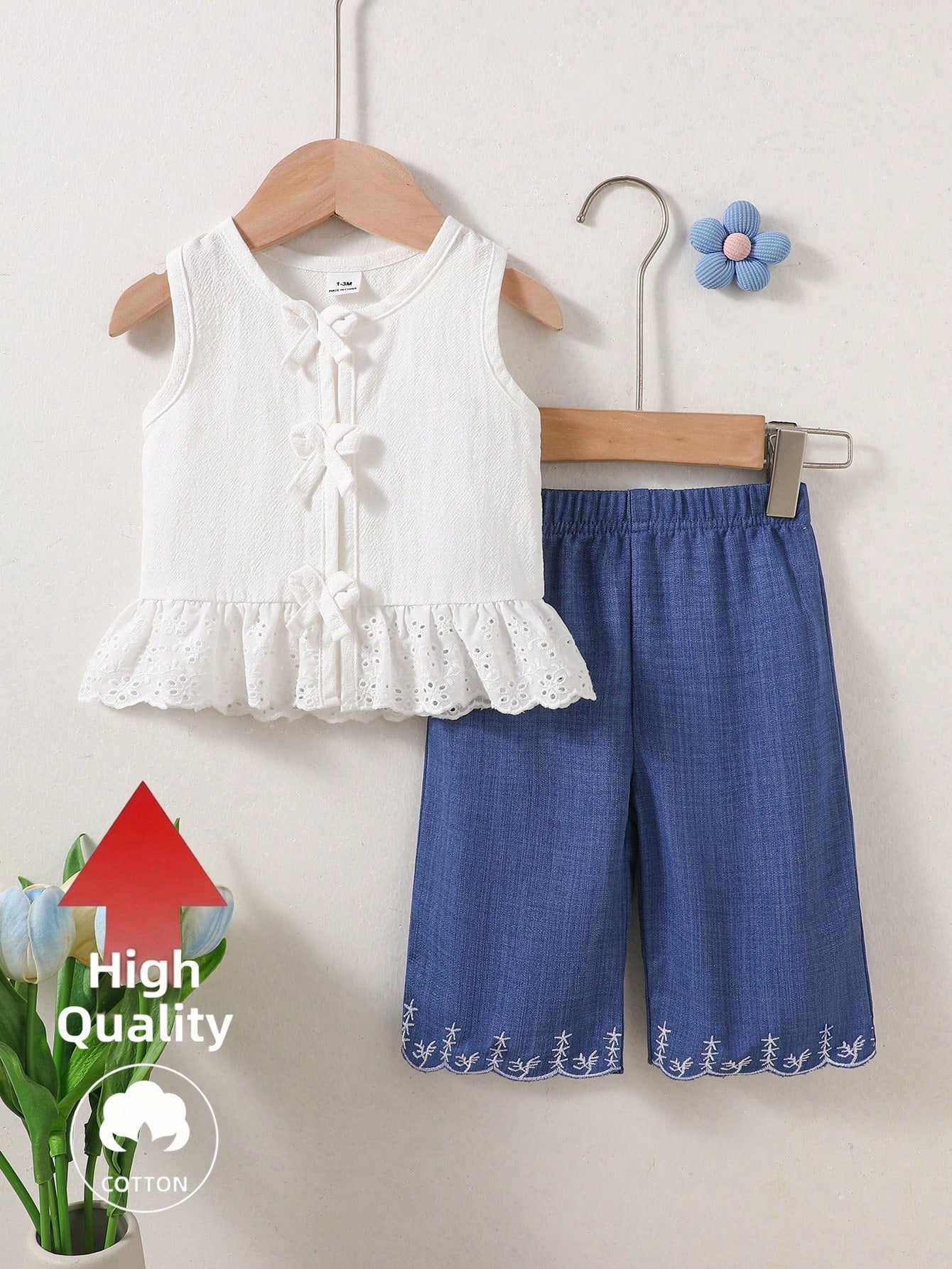 Newborn Baby Girl Outfit Blue And White Stripe Summer Cute Baby Shower Sleeveless Top With Lace