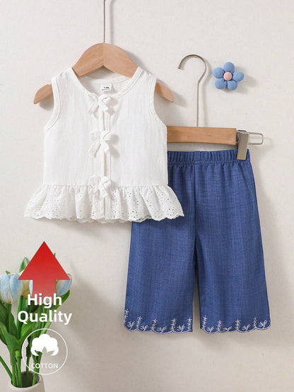 Newborn Baby Girl Outfit Blue And White Stripe Summer Cute Baby Shower Sleeveless Top With Lace