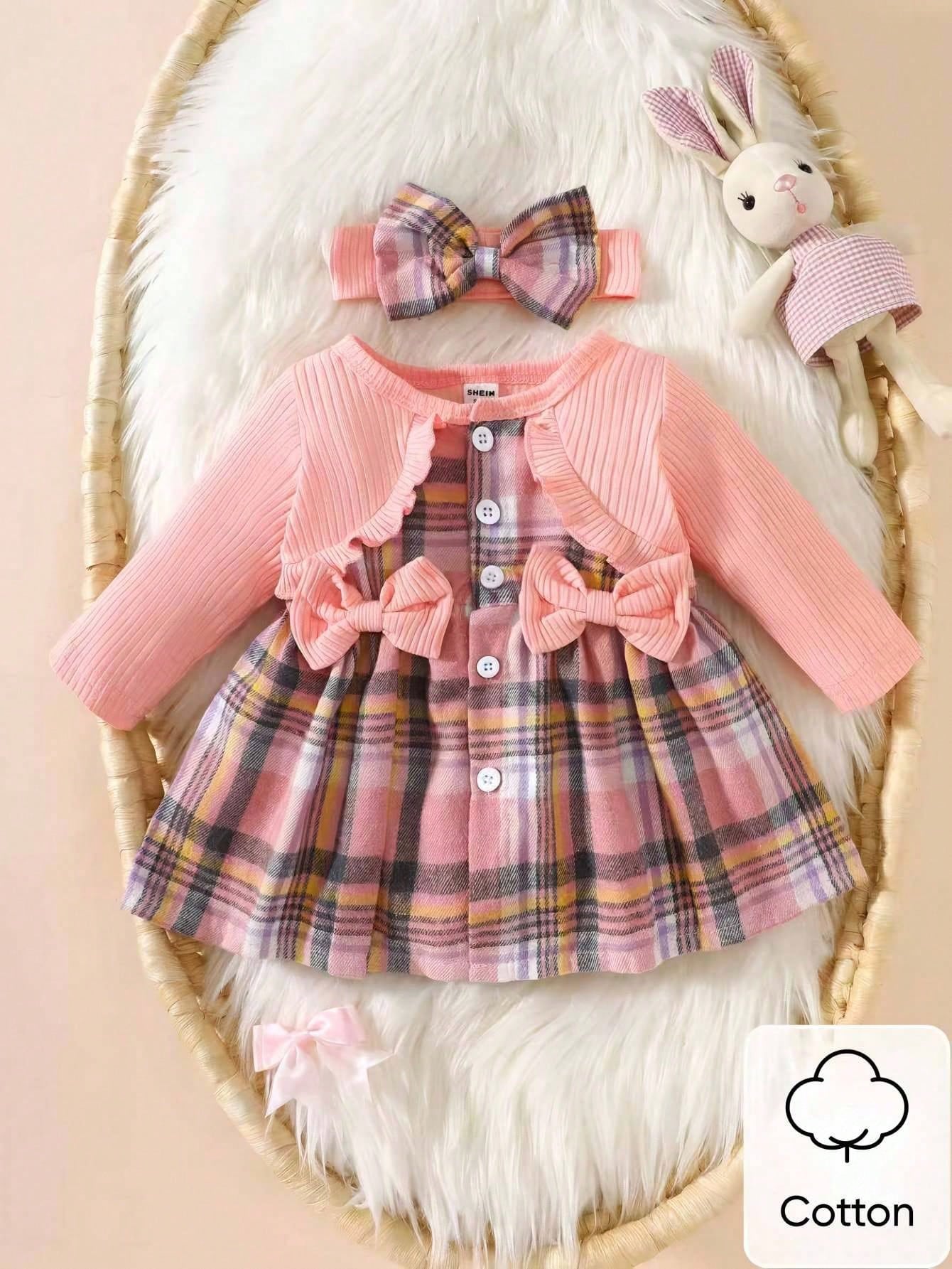 Newborn Baby Girl Pink Bow Lace Long Sleeved Patchwork Plaid Dress And Same Color Headband Autumn And Winter New Fabric Comfortable Style Novel Fall