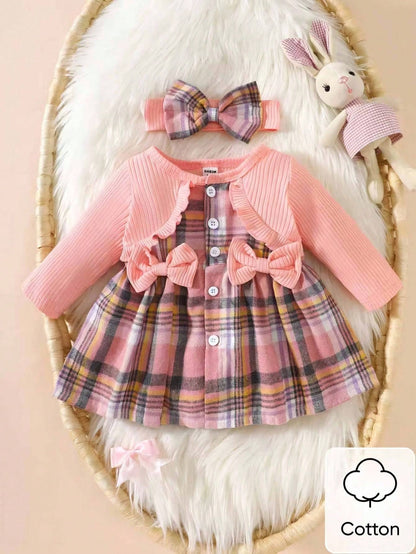 Newborn Baby Girl Pink Bow Lace Long Sleeved Patchwork Plaid Dress And Same Color Headband Autumn And Winter New Fabric Comfortable Style Novel Fall