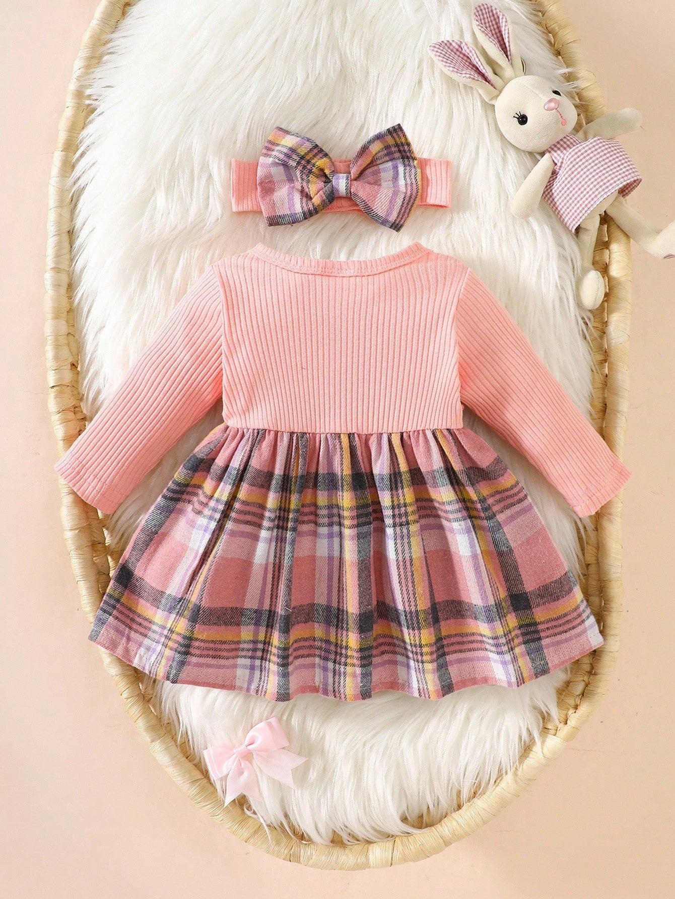 Newborn Baby Girl Pink Bow Lace Long Sleeved Patchwork Plaid Dress And Same Color Headband Autumn And Winter New Fabric Comfortable Style Novel Fall