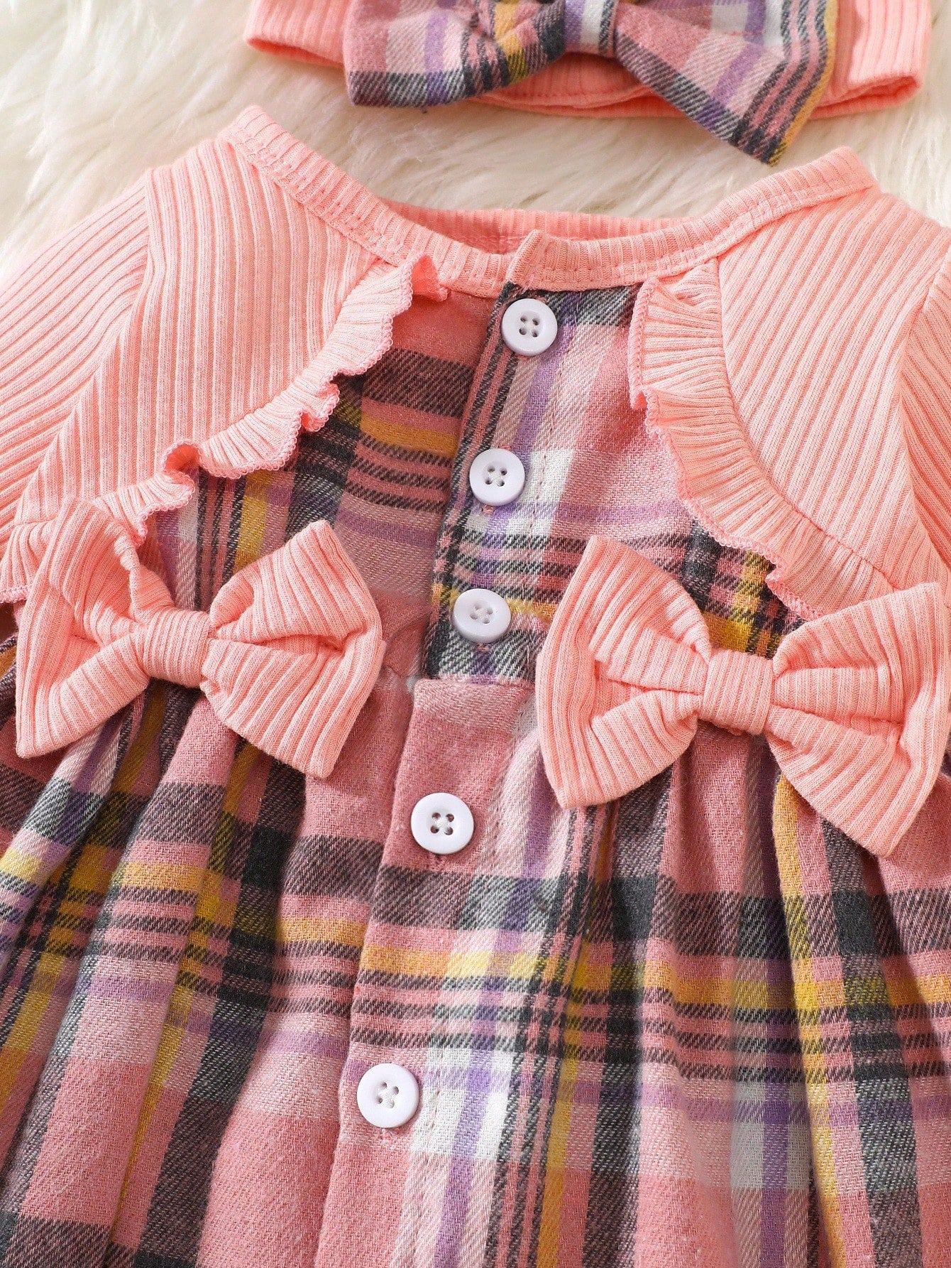 Newborn Baby Girl Pink Bow Lace Long Sleeved Patchwork Plaid Dress And Same Color Headband Autumn And Winter New Fabric Comfortable Style Novel Fall