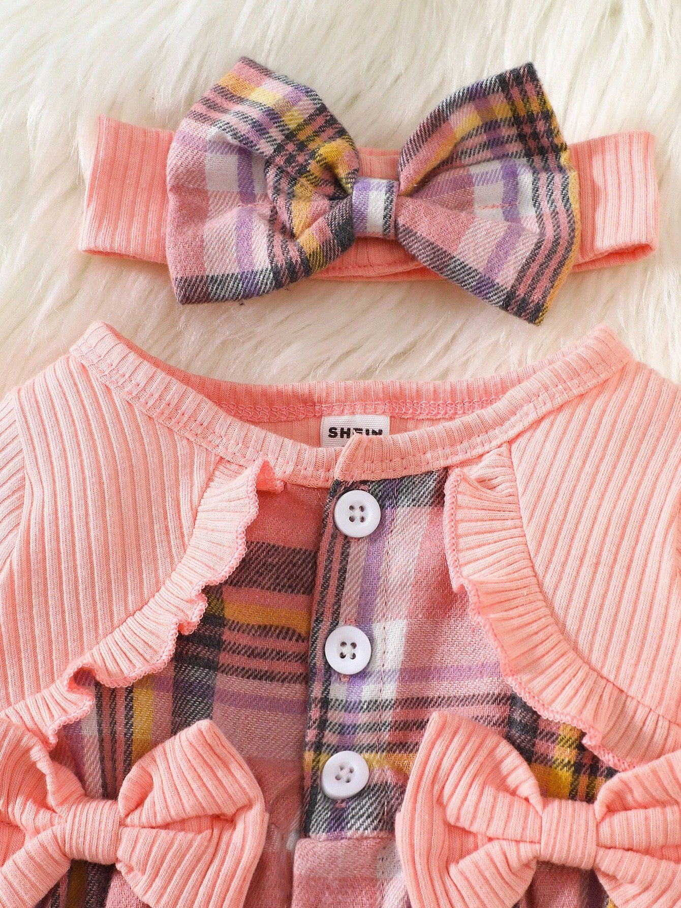 Newborn Baby Girl Pink Bow Lace Long Sleeved Patchwork Plaid Dress And Same Color Headband Autumn And Winter New Fabric Comfortable Style Novel Fall