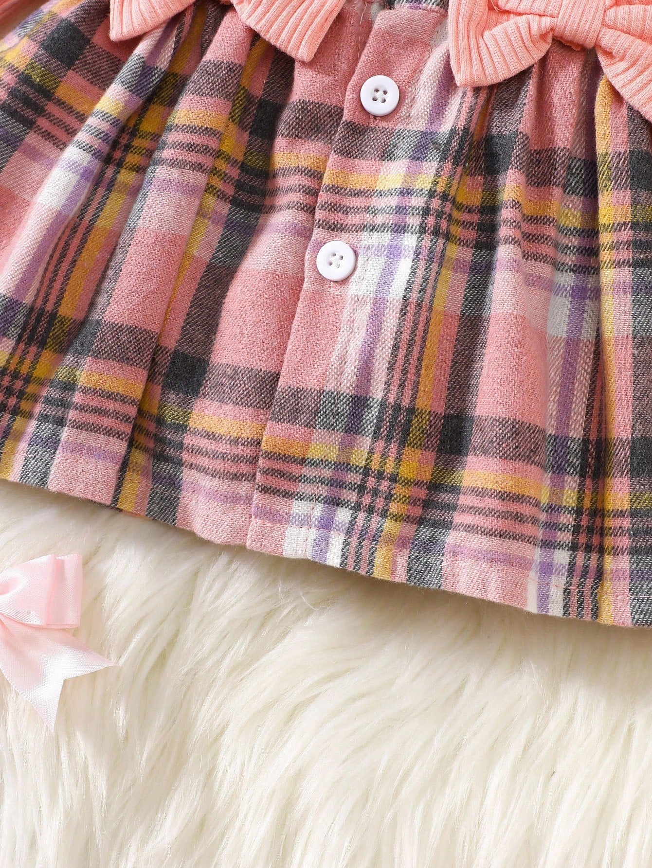 Newborn Baby Girl Pink Bow Lace Long Sleeved Patchwork Plaid Dress And Same Color Headband Autumn And Winter New Fabric Comfortable Style Novel Fall