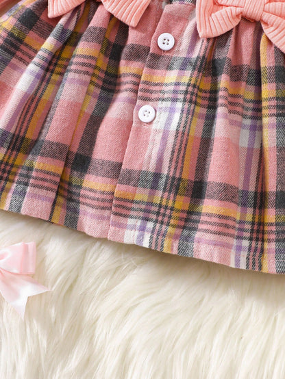 Newborn Baby Girl Pink Bow Lace Long Sleeved Patchwork Plaid Dress And Same Color Headband Autumn And Winter New Fabric Comfortable Style Novel Fall