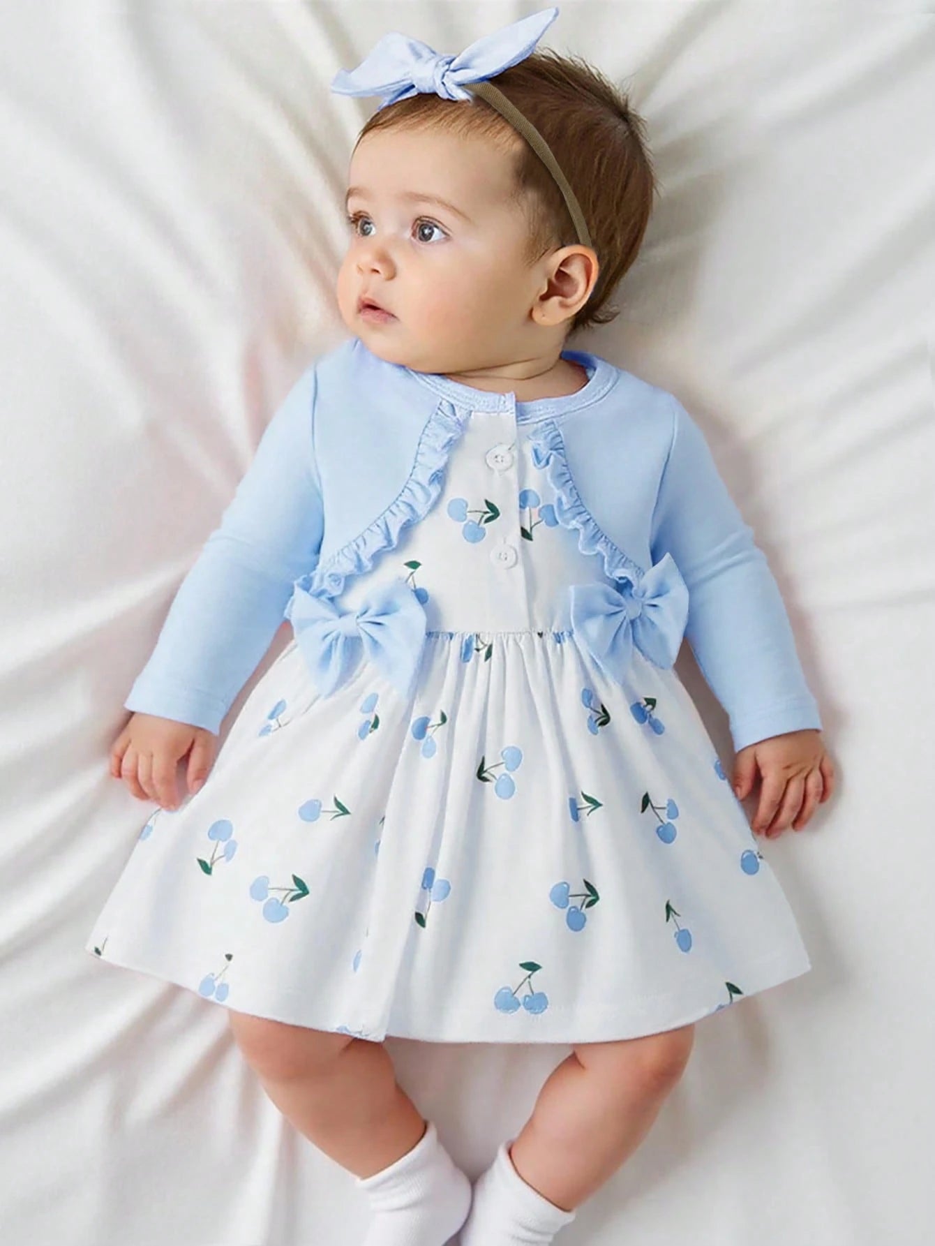 Newborn Baby Girl Pink Bow Lace Long Sleeved Patchwork Plaid Dress And Same Color Headband Autumn And Winter New Fabric Comfortable Style Novel Fall
