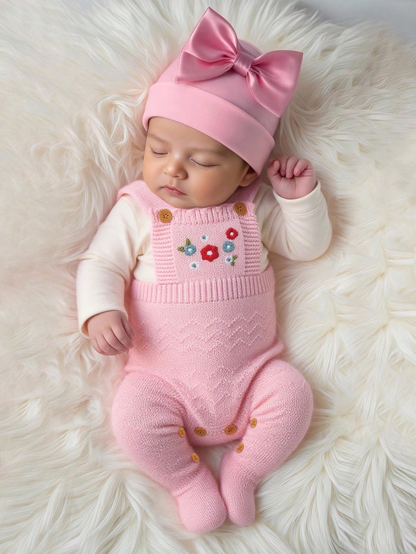 Newborn Baby Girl Pink Sweater Romper,Cute Autumn Suspender Style With Embroidered Socks Design,Fashionable Elegant Knitted Jumpsuit Overalls Outfits