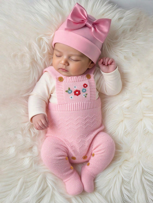 Newborn Baby Girl Pink Sweater Romper,Cute Autumn Suspender Style With Embroidered Socks Design,Fashionable Elegant Knitted Jumpsuit Overalls Outfits