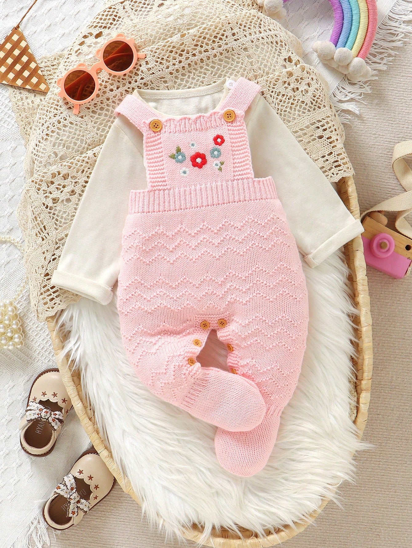 Newborn Baby Girl Pink Sweater Romper,Cute Autumn Suspender Style With Embroidered Socks Design,Fashionable Elegant Knitted Jumpsuit Overalls Outfits