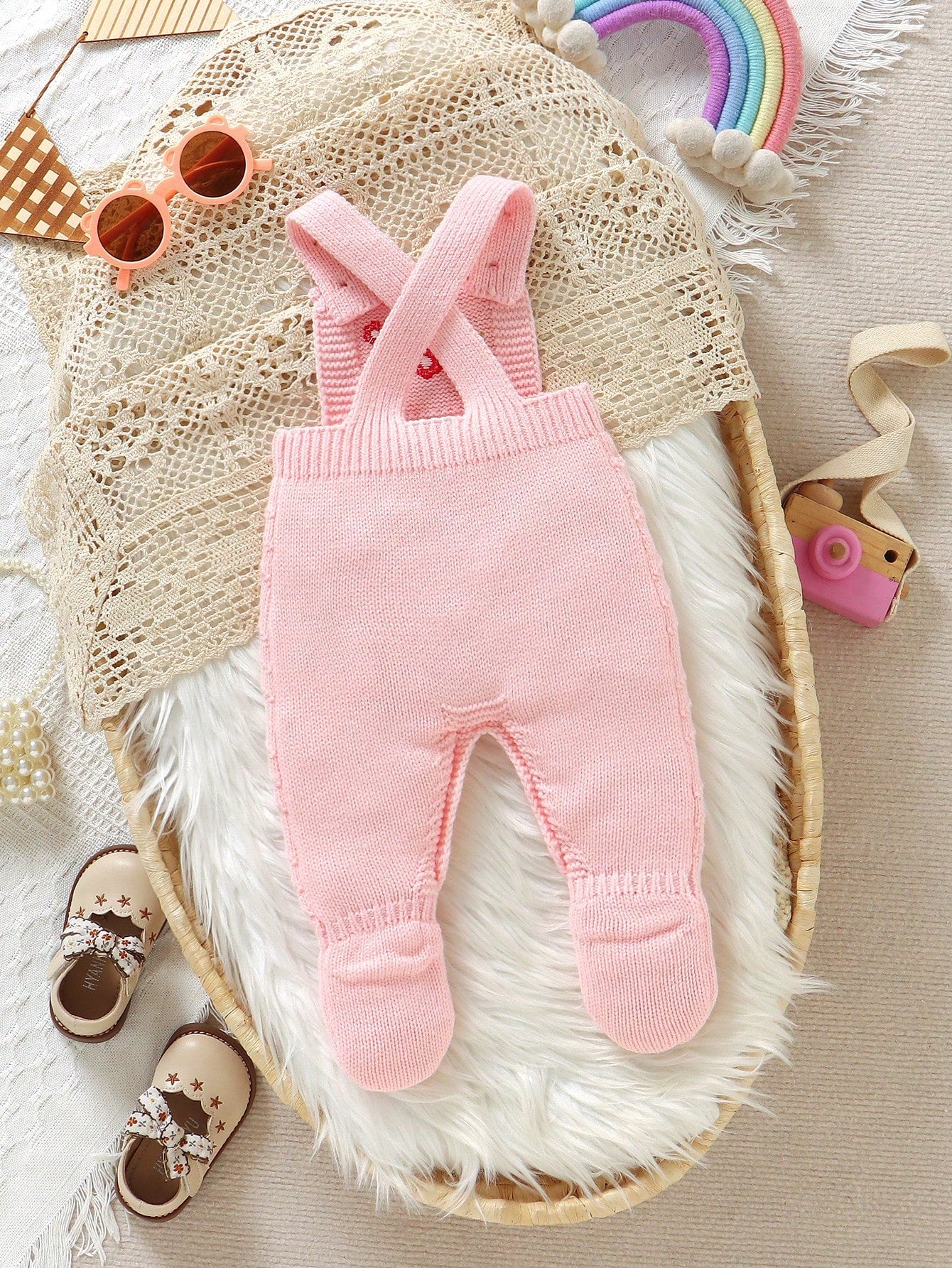 Newborn Baby Girl Pink Sweater Romper,Cute Autumn Suspender Style With Embroidered Socks Design,Fashionable Elegant Knitted Jumpsuit Overalls Outfits