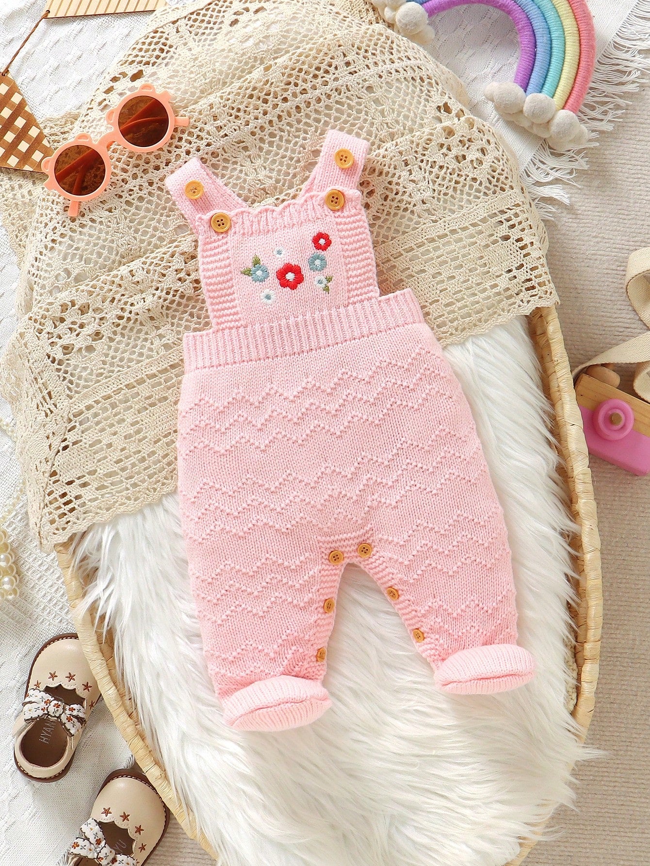 Newborn Baby Girl Pink Sweater Romper,Cute Autumn Suspender Style With Embroidered Socks Design,Fashionable Elegant Knitted Jumpsuit Overalls Outfits
