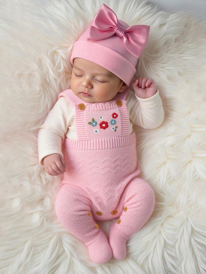 Newborn Baby Girl Pink Sweater Romper,Cute Autumn Suspender Style With Embroidered Socks Design,Fashionable Elegant Knitted Jumpsuit Overalls Outfits