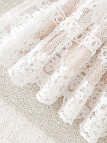 Newborn Baby Girl White Lace Dress,2 Pieces Puff-Sleeve Mesh Round Neck Fitted Christening Gown & Hat Set For Summer Baby Shower Baptism Party,Mom