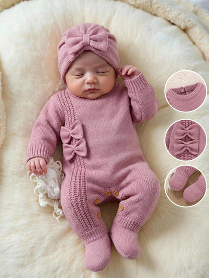 Newborn Baby Sweater Onesies, Fashionable Cute Knitted 3D Bow Round Neck Back Button Long Sleeve Footed Romper, Soft And Comfortable For Spring, Autumn, Winter, Suitable For Daily Wear, Outings