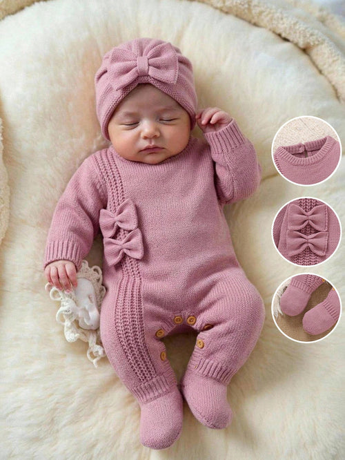 Newborn Baby Sweater Onesies, Fashionable Cute Knitted 3D Bow Round Neck Back Button Long Sleeve Footed Romper, Soft And Comfortable For Spring, Autumn, Winter, Suitable For Daily Wear, Outings