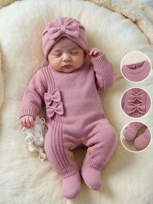 Newborn Baby Sweater Onesies, Fashionable Cute Knitted 3D Bow Round Neck Back Button Long Sleeve Footed Romper, Soft And Comfortable For Spring, Autumn, Winter, Suitable For Daily Wear, Outings