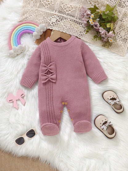 Newborn Baby Sweater Onesies, Fashionable Cute Knitted 3D Bow Round Neck Back Button Long Sleeve Footed Romper, Soft And Comfortable For Spring, Autumn, Winter, Suitable For Daily Wear, Outings