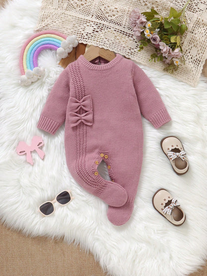 Newborn Baby Sweater Onesies, Fashionable Cute Knitted 3D Bow Round Neck Back Button Long Sleeve Footed Romper, Soft And Comfortable For Spring, Autumn, Winter, Suitable For Daily Wear, Outings