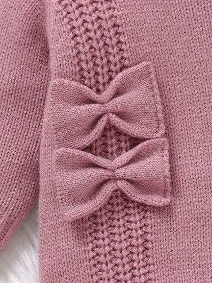 Newborn Baby Sweater Onesies, Fashionable Cute Knitted 3D Bow Round Neck Back Button Long Sleeve Footed Romper, Soft And Comfortable For Spring, Autumn, Winter, Suitable For Daily Wear, Outings