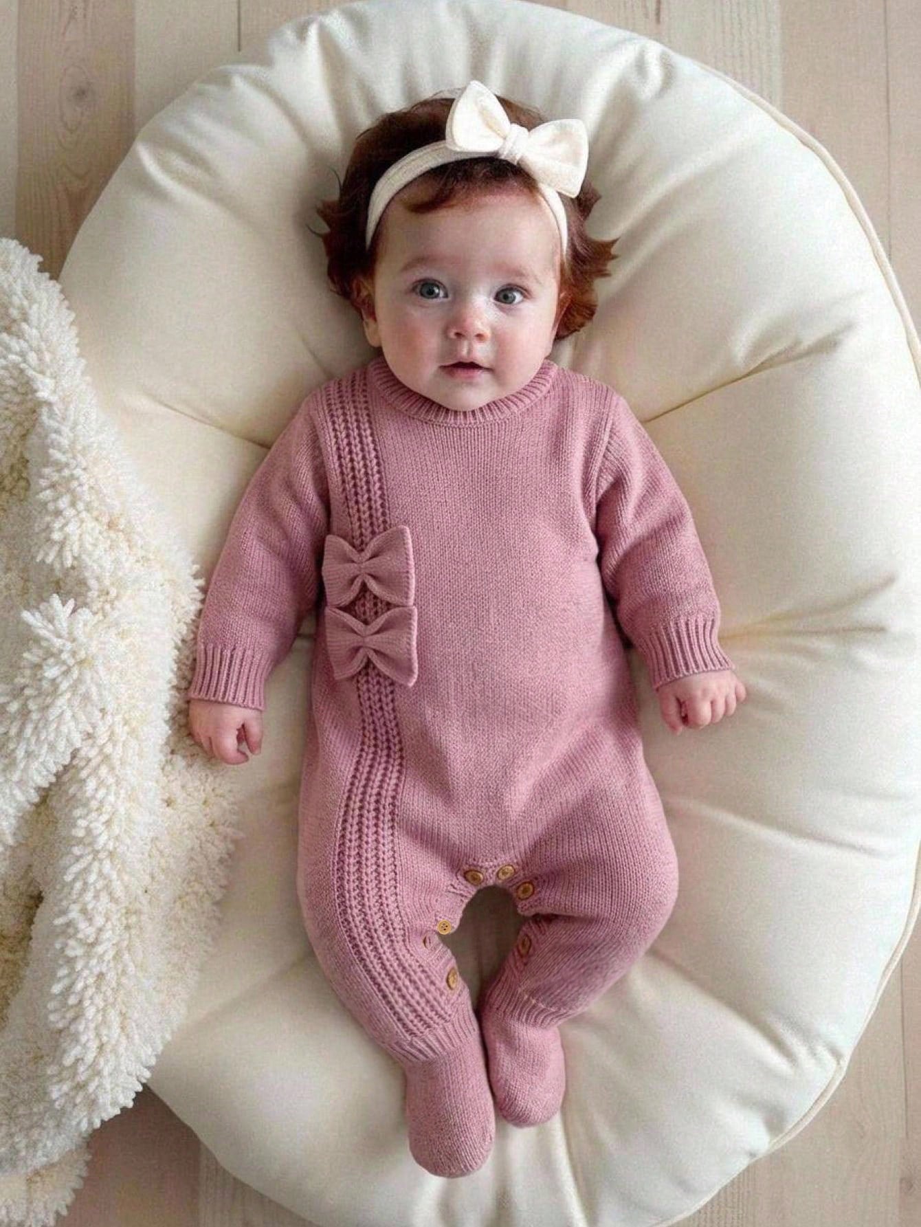Newborn Baby Sweater Onesies, Fashionable Cute Knitted 3D Bow Round Neck Back Button Long Sleeve Footed Romper, Soft And Comfortable For Spring, Autumn, Winter, Suitable For Daily Wear, Outings