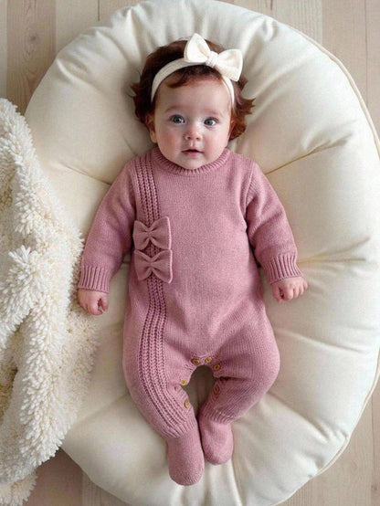 Newborn Baby Sweater Onesies, Fashionable Cute Knitted 3D Bow Round Neck Back Button Long Sleeve Footed Romper, Soft And Comfortable For Spring, Autumn, Winter, Suitable For Daily Wear, Outings