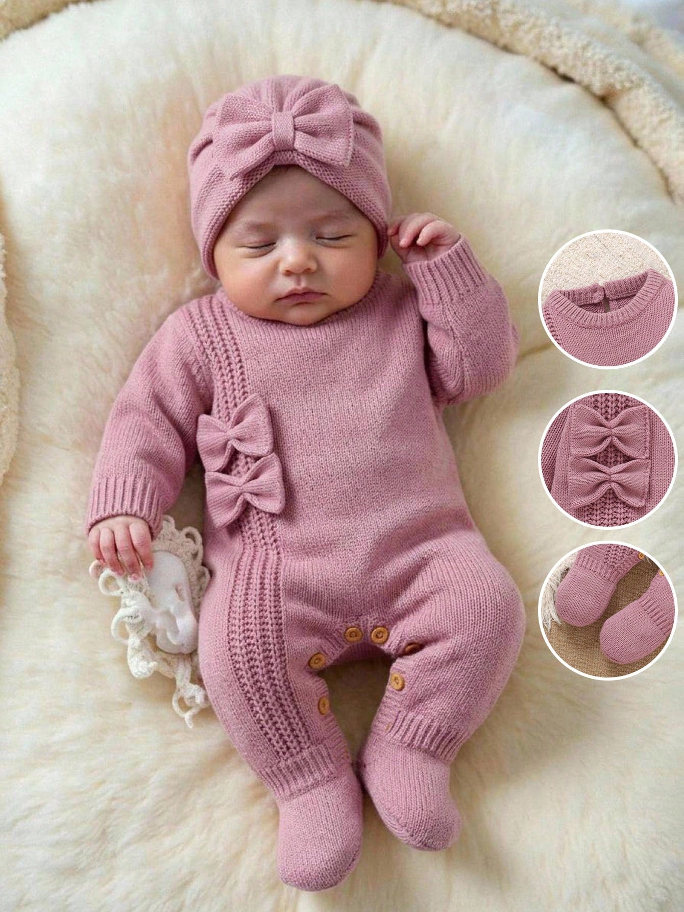 Newborn Baby Sweater Onesies, Fashionable Cute Knitted 3D Bow Round Neck Back Button Long Sleeve Footed Romper, Soft And Comfortable For Spring, Autumn, Winter, Suitable For Daily Wear, Outings