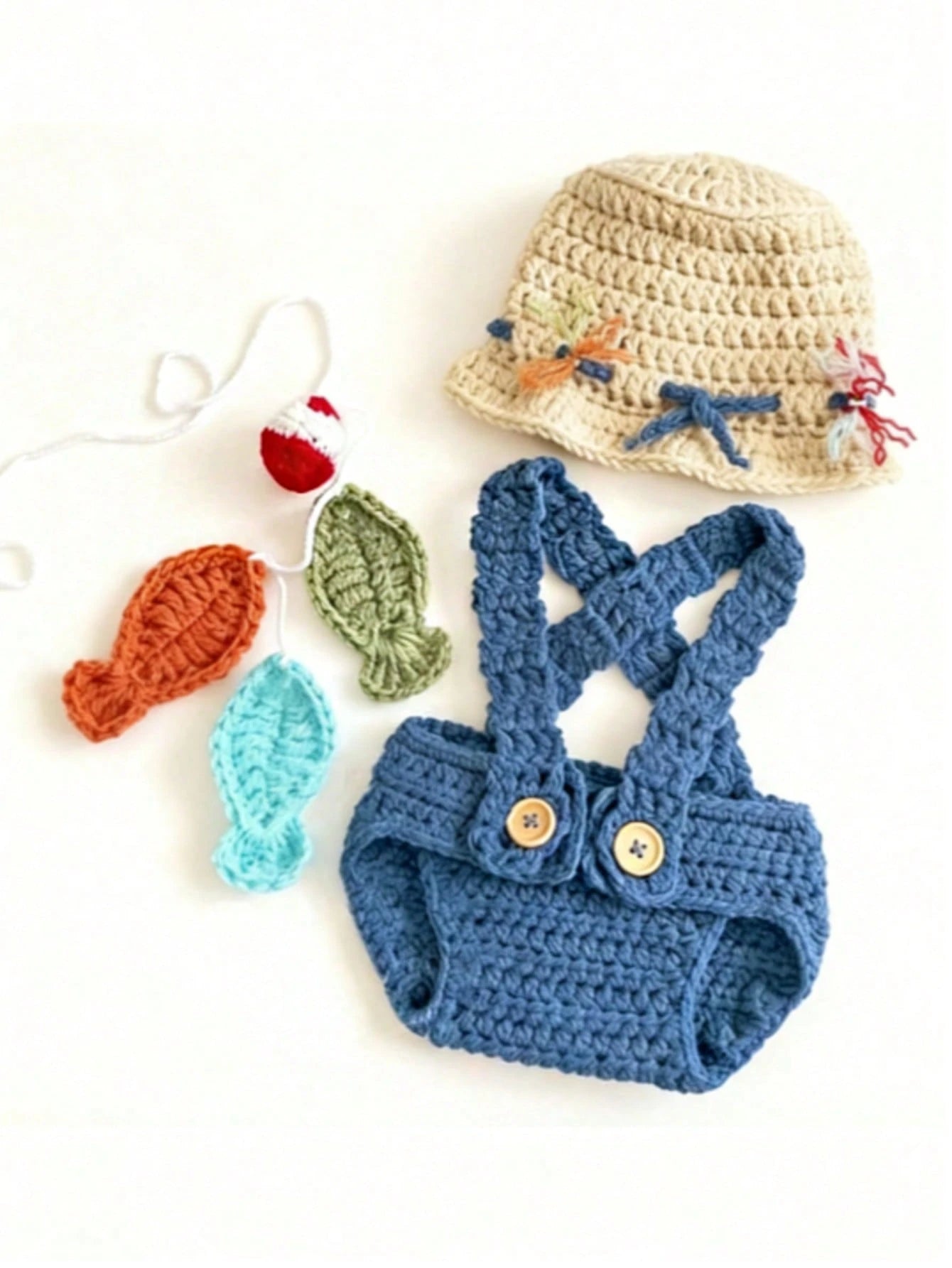 Newborn Photography Props Handmade Crochet Fisherman Outfit Bucket Hat + Overalls + Fishing 3 Pieces Set Portrait/100 Days Commemorative Photo Baby Gift
