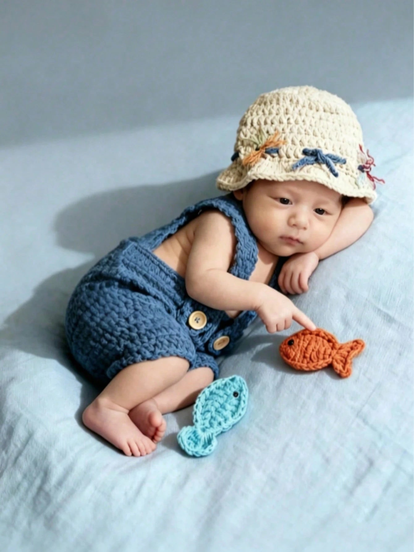 Newborn Photography Props Handmade Crochet Fisherman Outfit Bucket Hat + Overalls + Fishing 3 Pieces Set Portrait/100 Days Commemorative Photo Baby Gift
