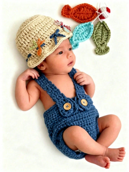 Newborn Photography Props Handmade Crochet Fisherman Outfit Bucket Hat + Overalls + Fishing 3 Pieces Set Portrait/100 Days Commemorative Photo Baby Gift