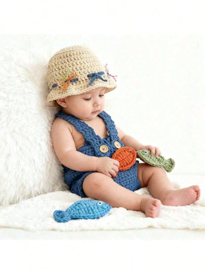 Newborn Photography Props Handmade Crochet Fisherman Outfit Bucket Hat + Overalls + Fishing 3 Pieces Set Portrait/100 Days Commemorative Photo Baby Gift