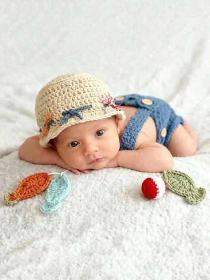 Newborn Photography Props Handmade Crochet Fisherman Outfit Bucket Hat + Overalls + Fishing 3 Pieces Set Portrait/100 Days Commemorative Photo Baby Gift
