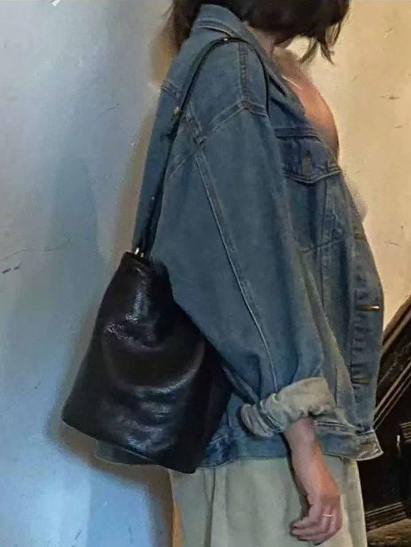 Niche Design Beaded Embroidery Bucket Bag, Summer Denim Effect Shoulder Bag, New Chinese Style Fashion Versatile Commute Outing Shopping Crossbody Bag For Women